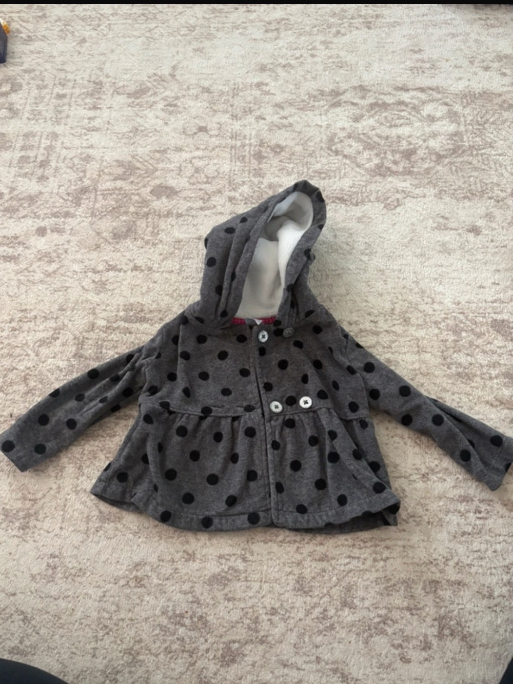 Carter's Gray Hooded Pea Coat with Black Polka Dots and Flared Hem - Size 9m